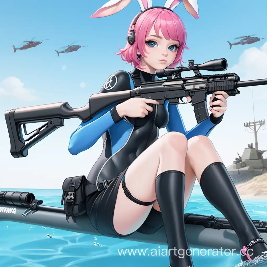PinkHaired-Teen-with-Bunny-Ears-Poses-with-Sniper-Rifle-in-Blue-Wetsuit
