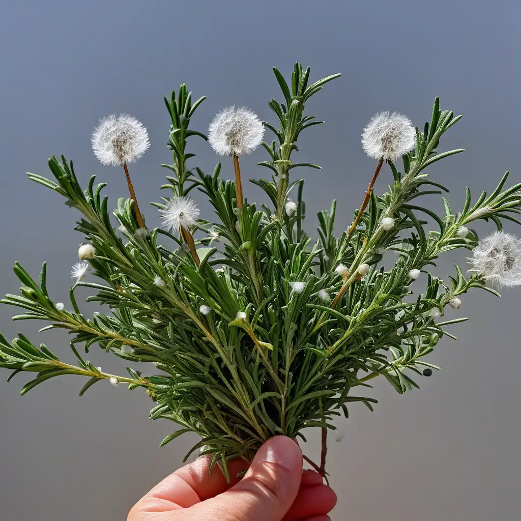 rosemary plant with dandelion puffs


