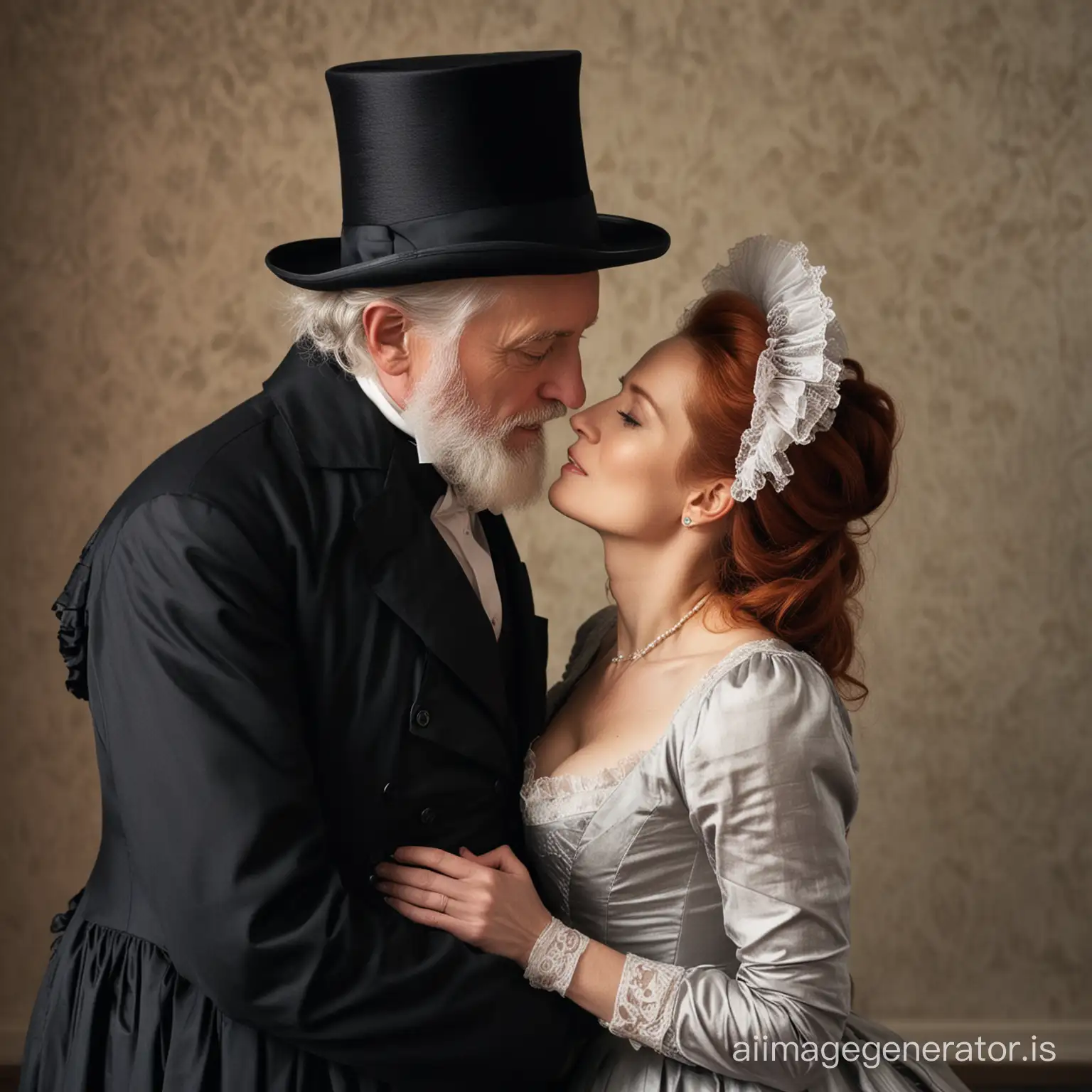 red hair Gillian Anderson wearing a poofy black floor-length loose billowing 1860 Victorian crinoline dress with a frilly bonnet kissing an old man who seems to be her newlywed husband