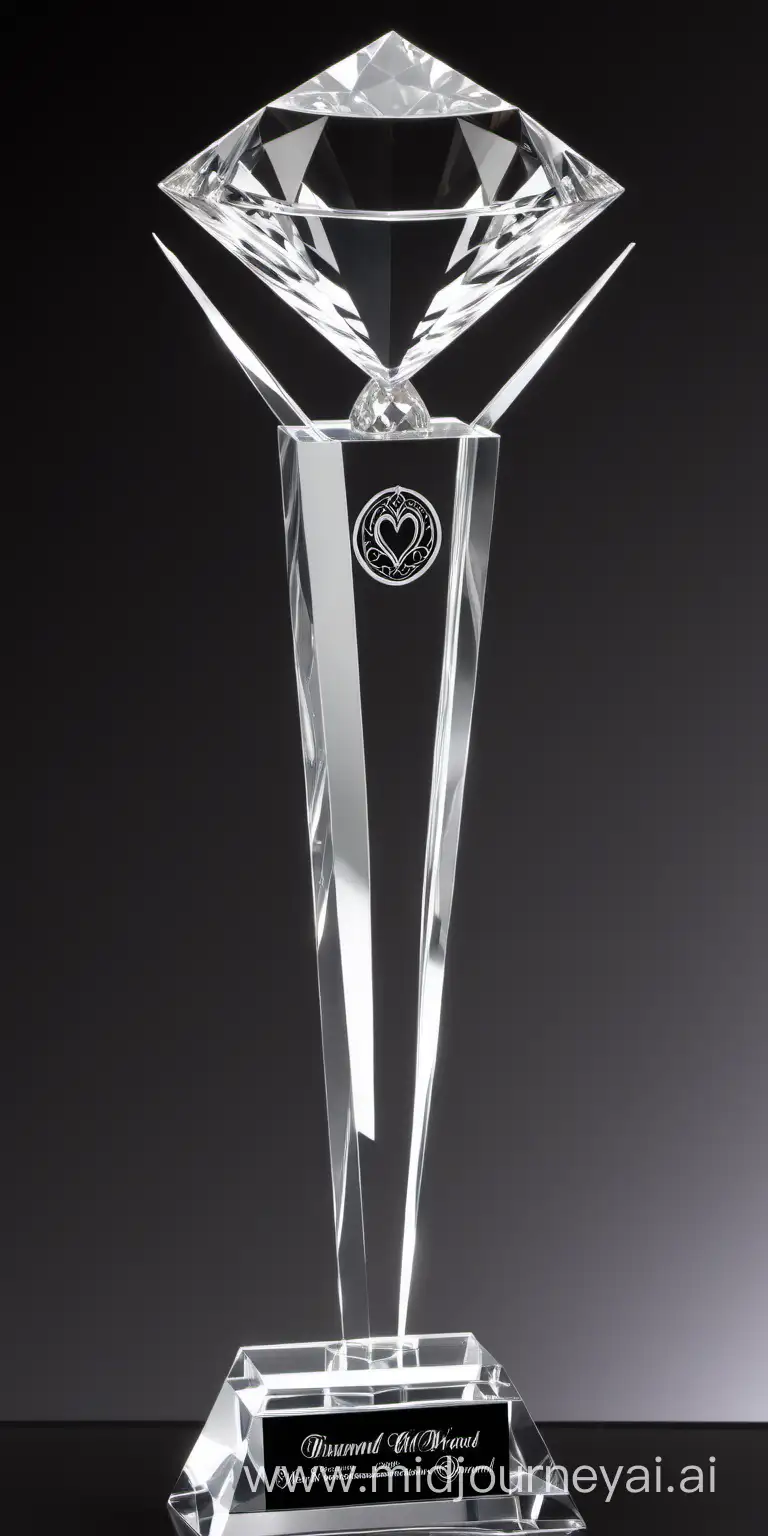 A tall Music Award that has a 3d diamond at the top with 4 prongs a circle for our logo and places to engrave on all sides