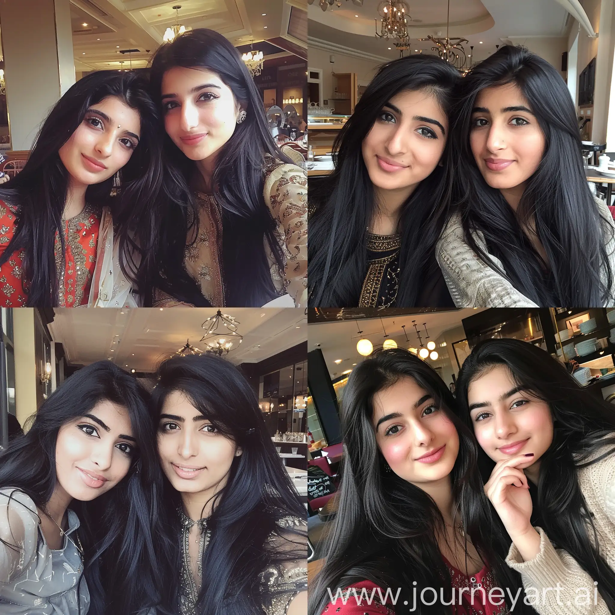 2 beautiful british Pakistani girls with long black hair taking selfie in restaurant --v 6