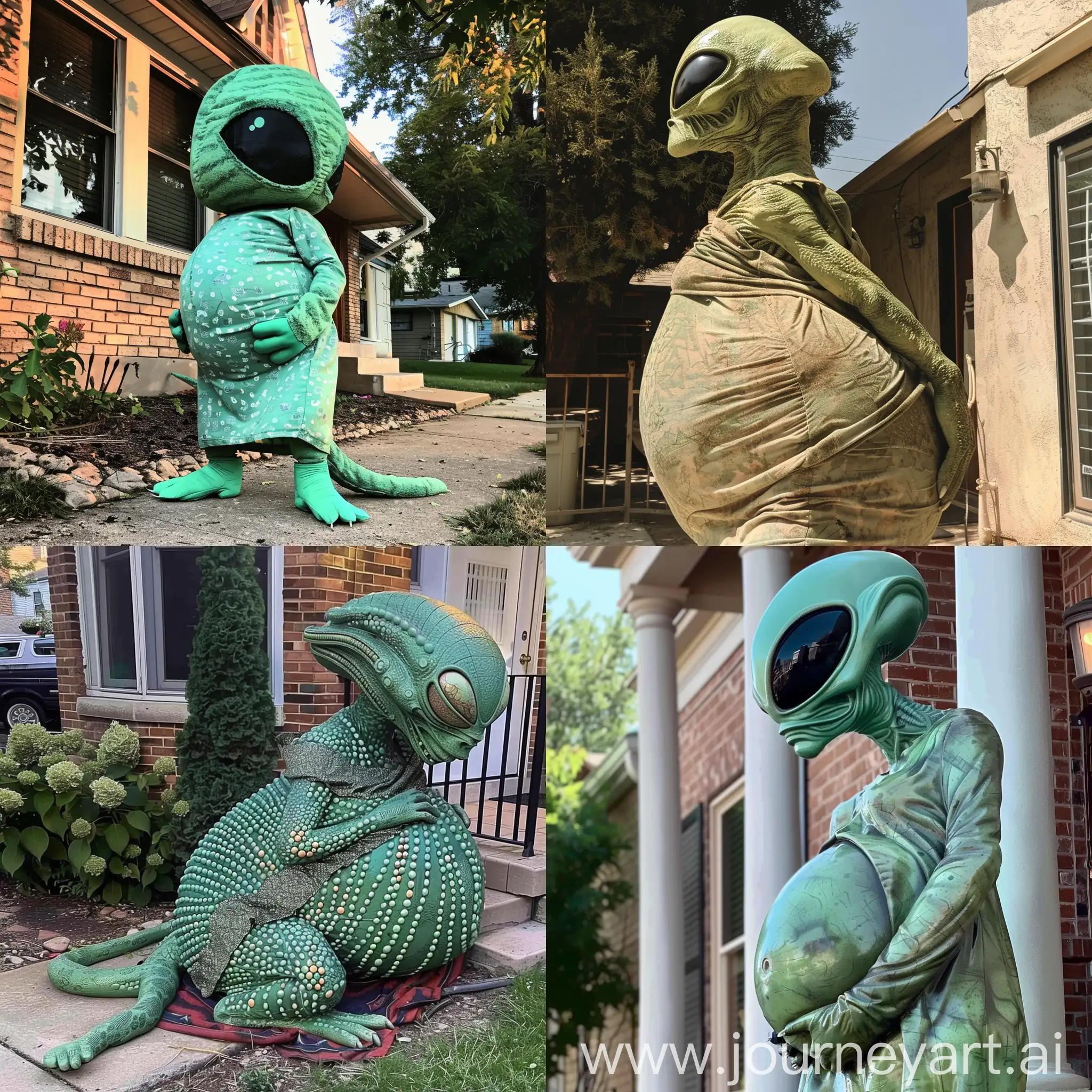A female green alien, 7 feet tall, Very Pregnant, The alien's pregnant belly is very large. The alien is creeping around outside someone's house.