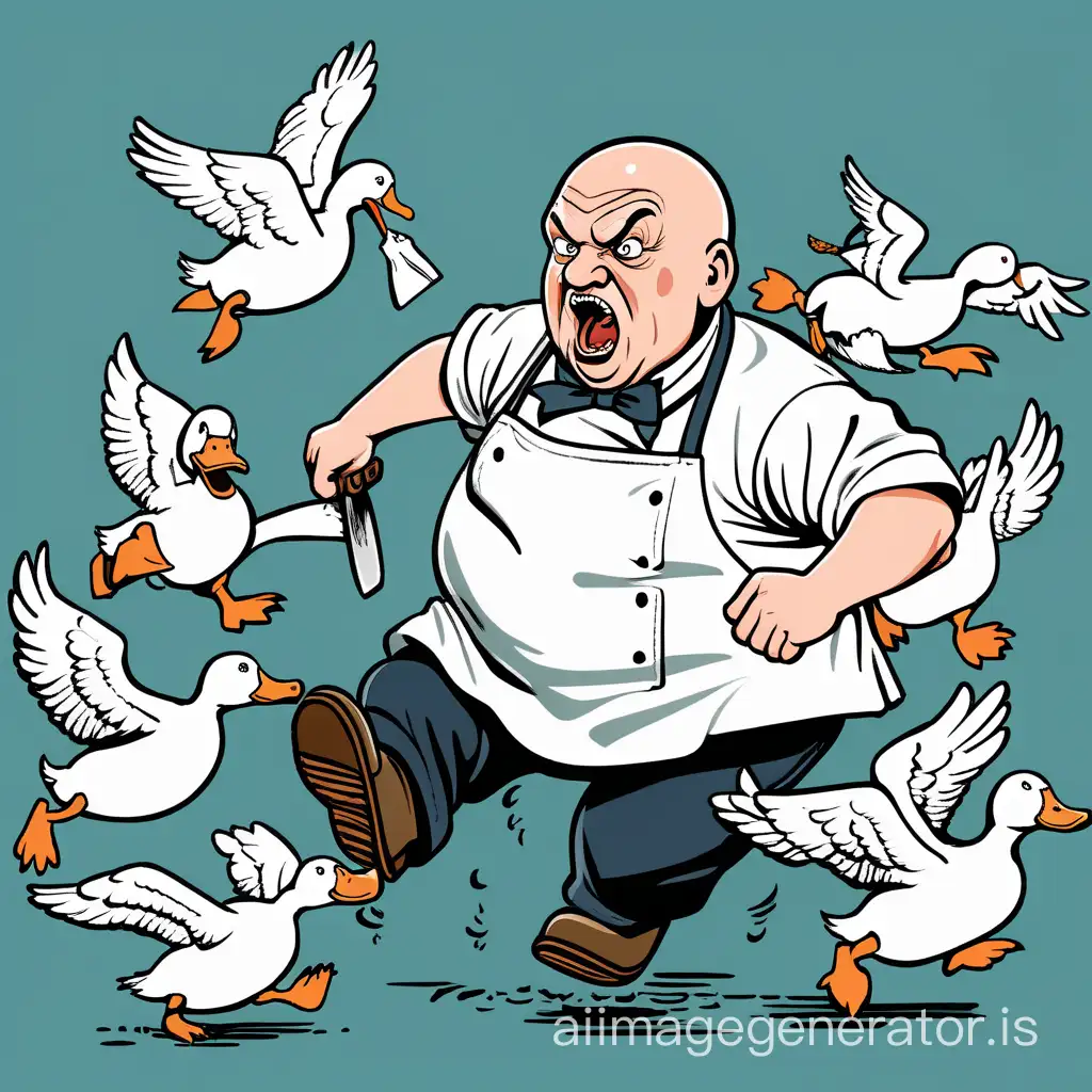 A white, bald man of medium stature, slightly obese, around 63 years old, with a chef's apron and a large knife in his hand, running away with a knife in his hand, fleeing from 10 fierce and aggressive ducks chasing after him with open beaks and angry faces. The image should be humorous.
