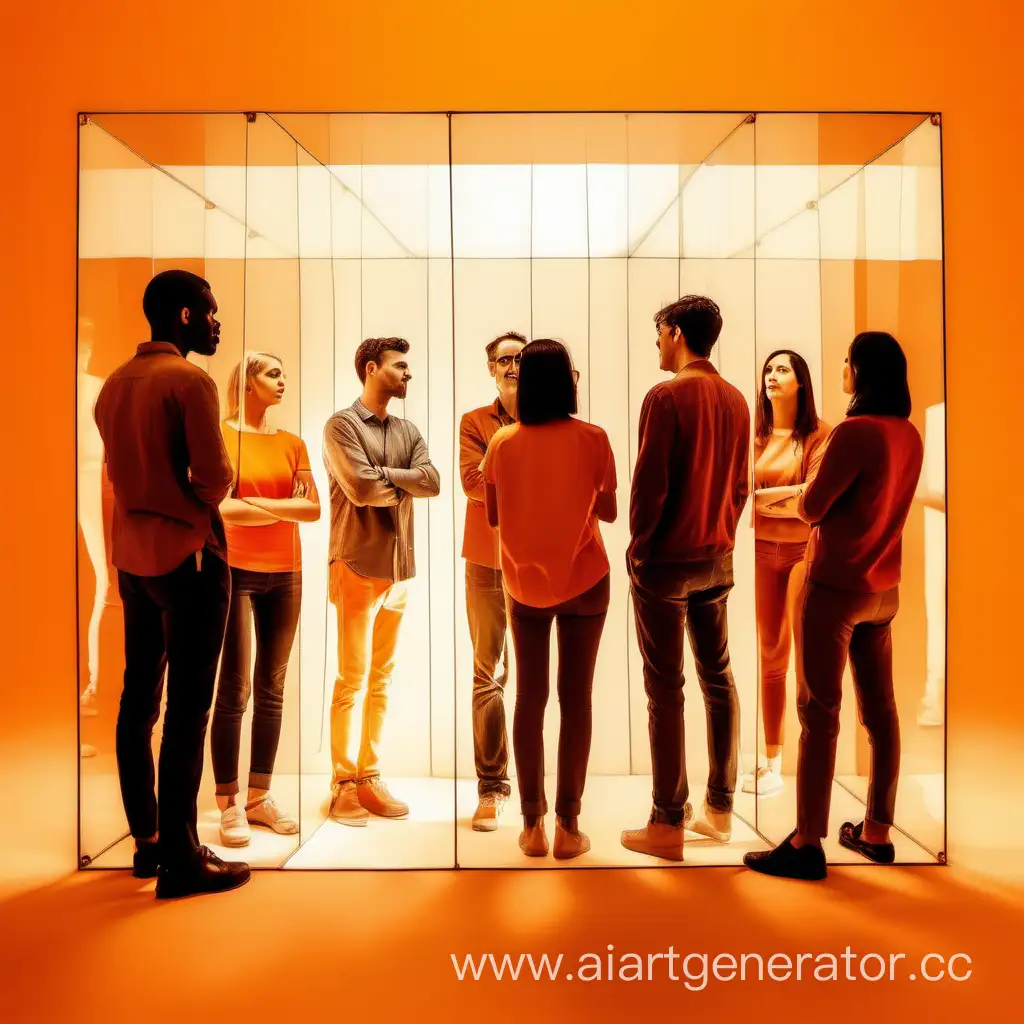 картинка, отражающая социальные отношения людей, несколько людей общаются между собой, оранжевый фон, светлые оттенки