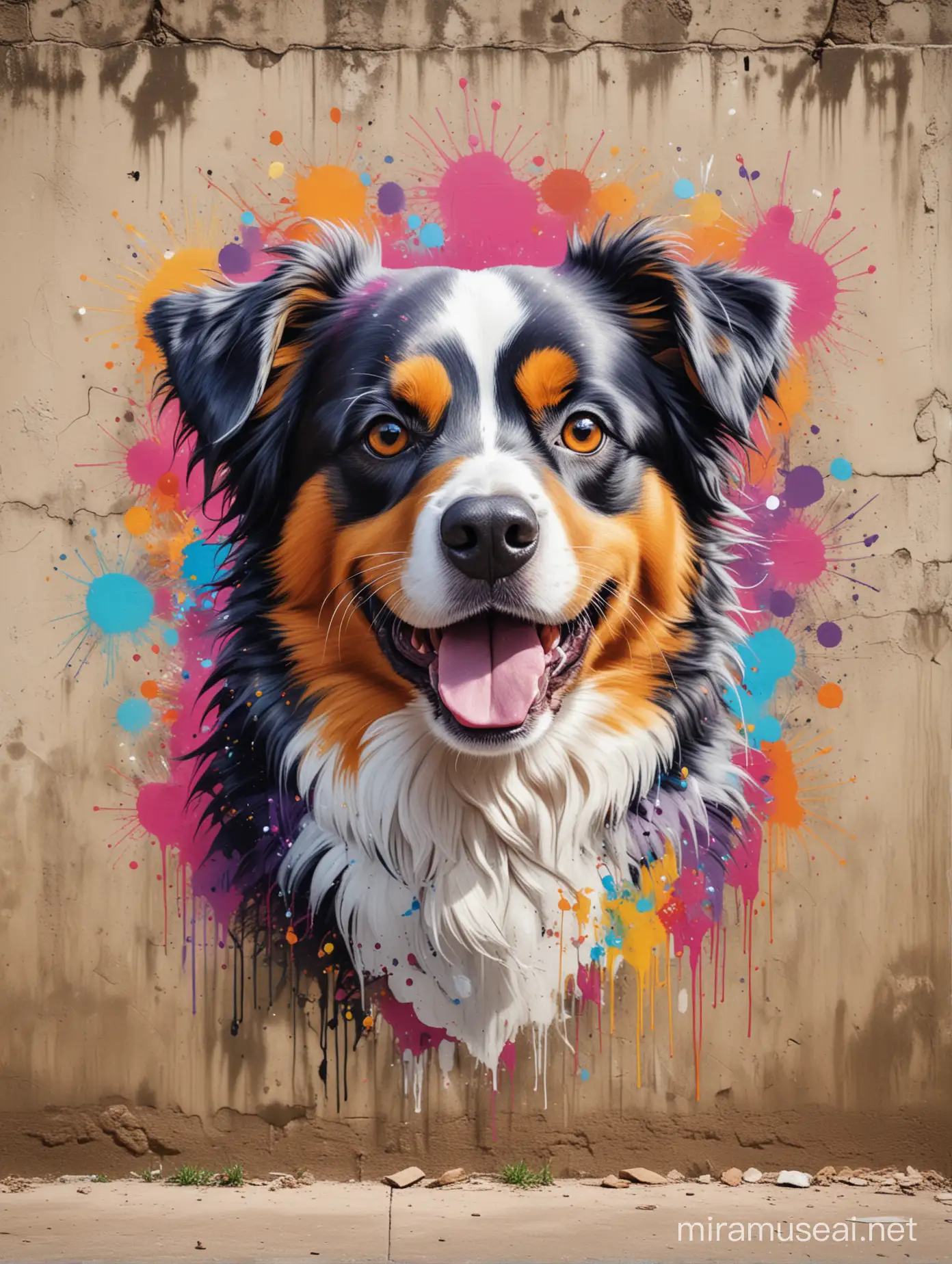 art movement focused on emotional impact through free-flowing shapes and colors, often without depicting real objects,
Create a graffiti of a tiny happy face Australian Shepherd Dog on the foreground, colorful graffiti art, on a wall, rustic background, graffiti art style