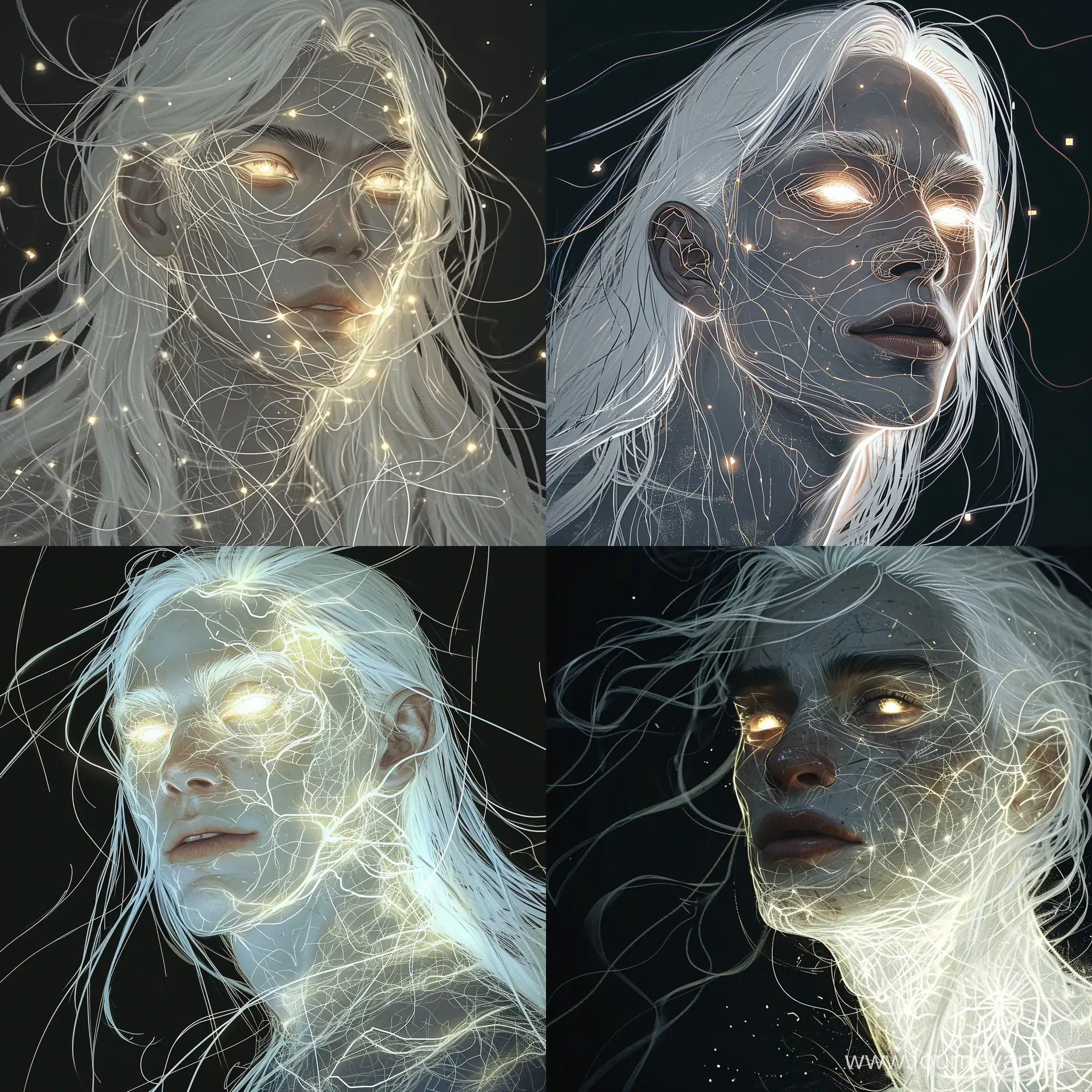 a man with pale glowing skin and glowing pupils, a young face and long white hair,
dark background, drawn with lines and abstract shapes like ruan jia, ultra detailed textures and ultra realistic light