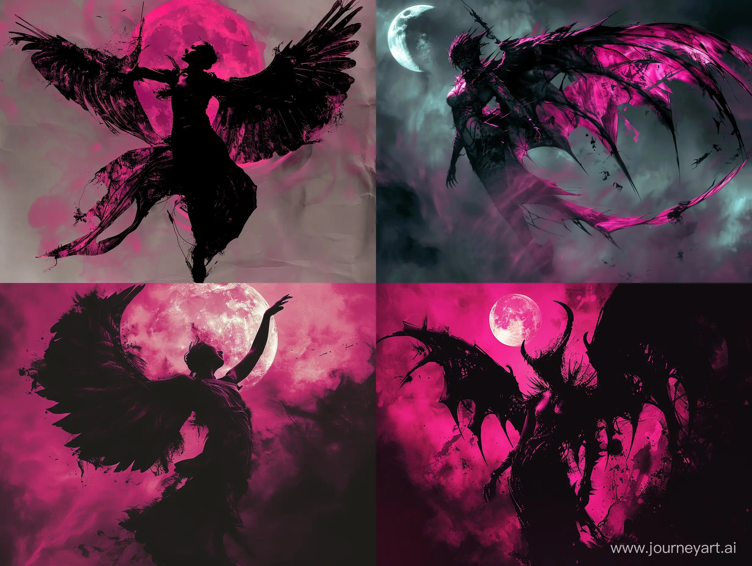 a fantasy image with wings and moon, in the style of gothcore, dark pink and dark black, dark black and magenta, realistic renderings of the human form, ghostcore, strong contrast between light and dark, exaggerated poses 