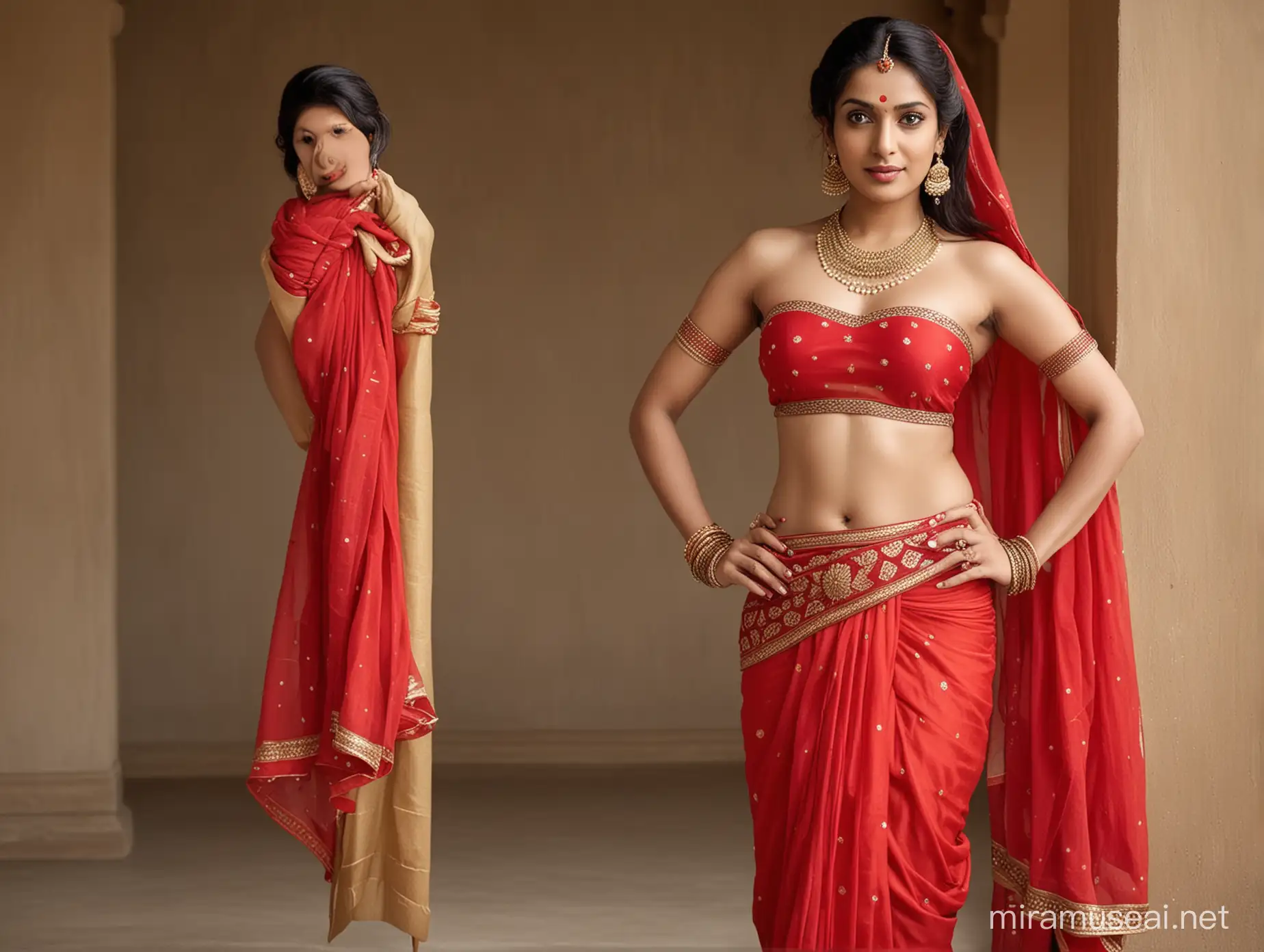 Elegant Indian Model in Traditional Red Bandeau Lingerie with Sheer Dhoti
