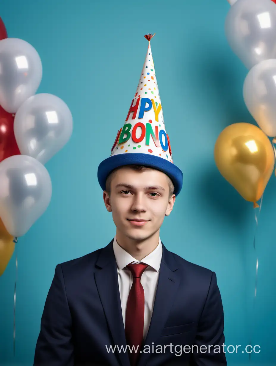 мужчина лет 25 в деловом костюме с праздничным колпаком на фоне праздника менеджер по проекту "детский день рождения" Лобанов Никита Алексеевич
