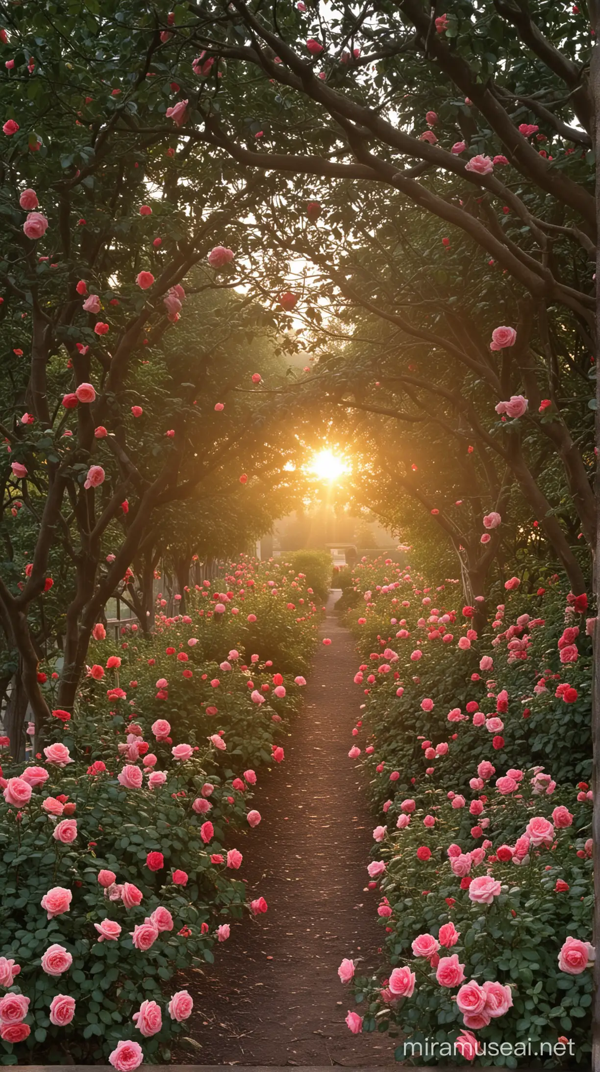 Vibrant Sunrise Over a Lush Rose Garden
