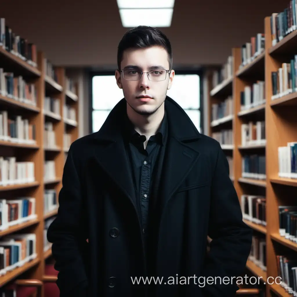 Парень в черном плаще на фоне книг в библиотеке,  полный портрет, повернутый к нам лицом. 

