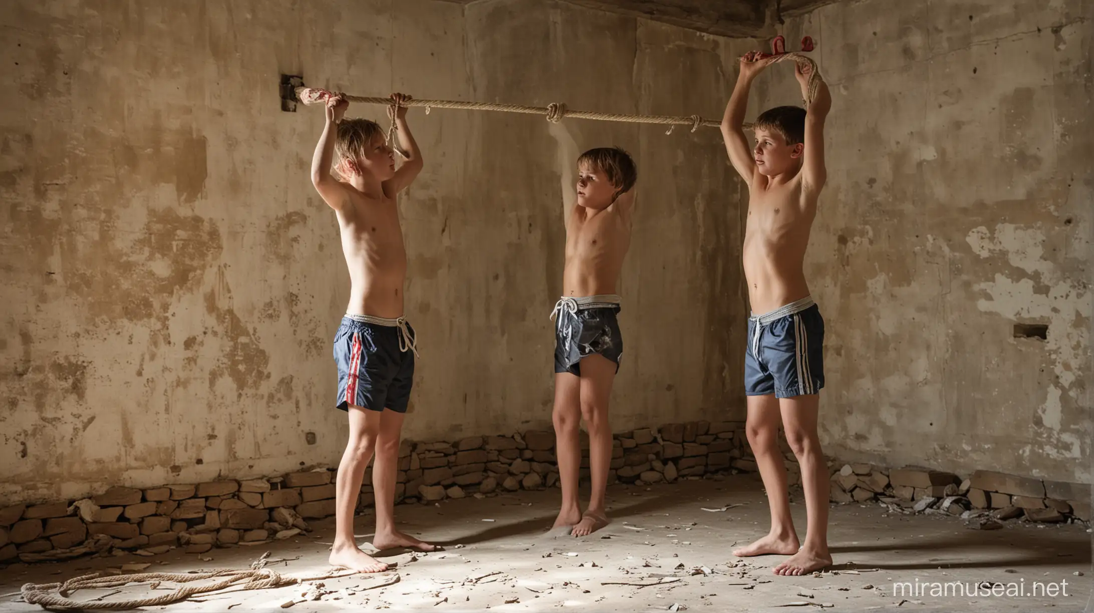 im Keller einer alte verlassen Villa: 3 Jungs, 13 Jahre, kurze Hosen, Speedo, spielen einer ist gefangen, die beiden anderen fesseln seine Arme mit einem Seil über Kopf an die Wand