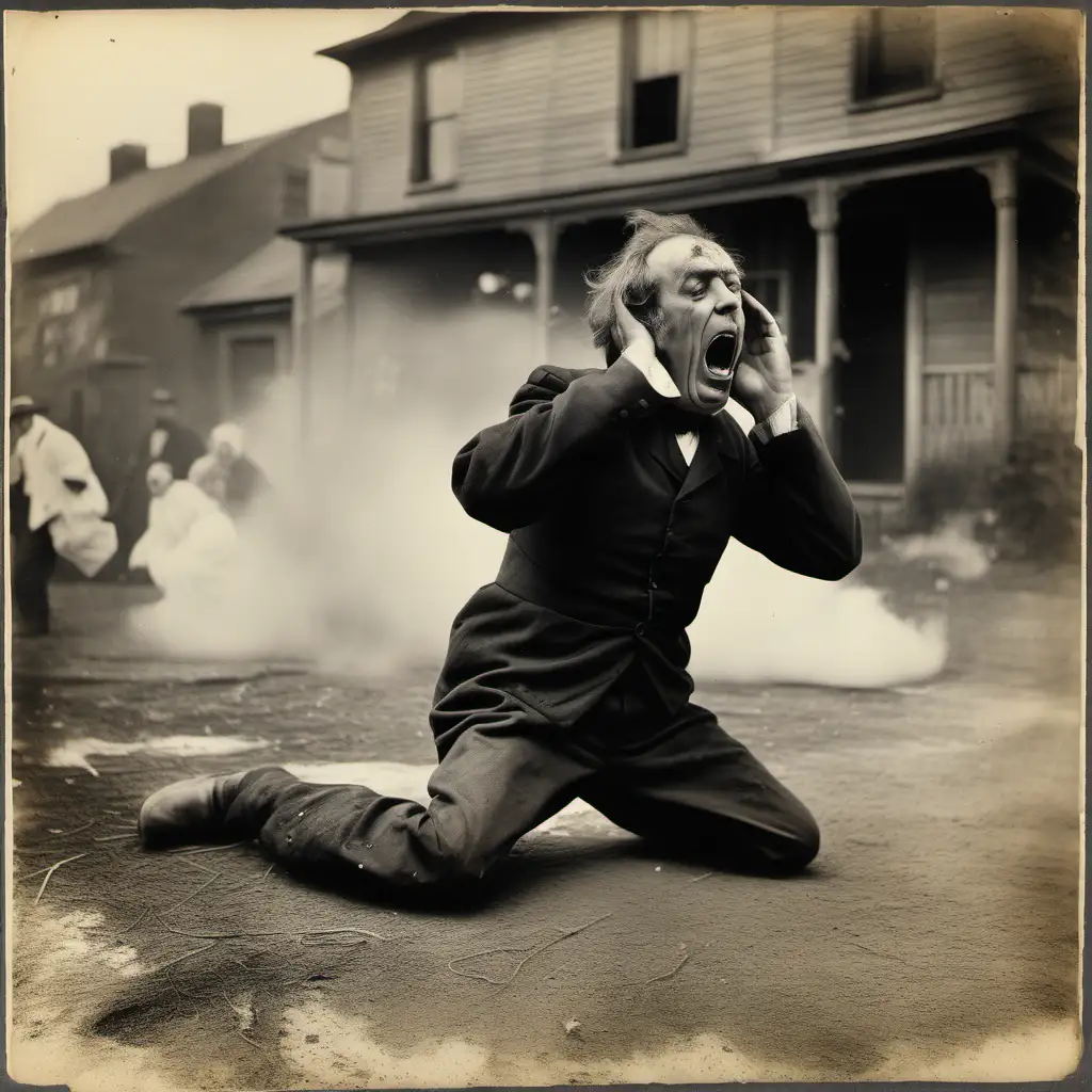 monochromatic real old photograph where a man who is suffering from the dancing plague, struggling on the ground where his body is still trying to dance, foaming out of his mouth, gasping for air in 1800s suburbs