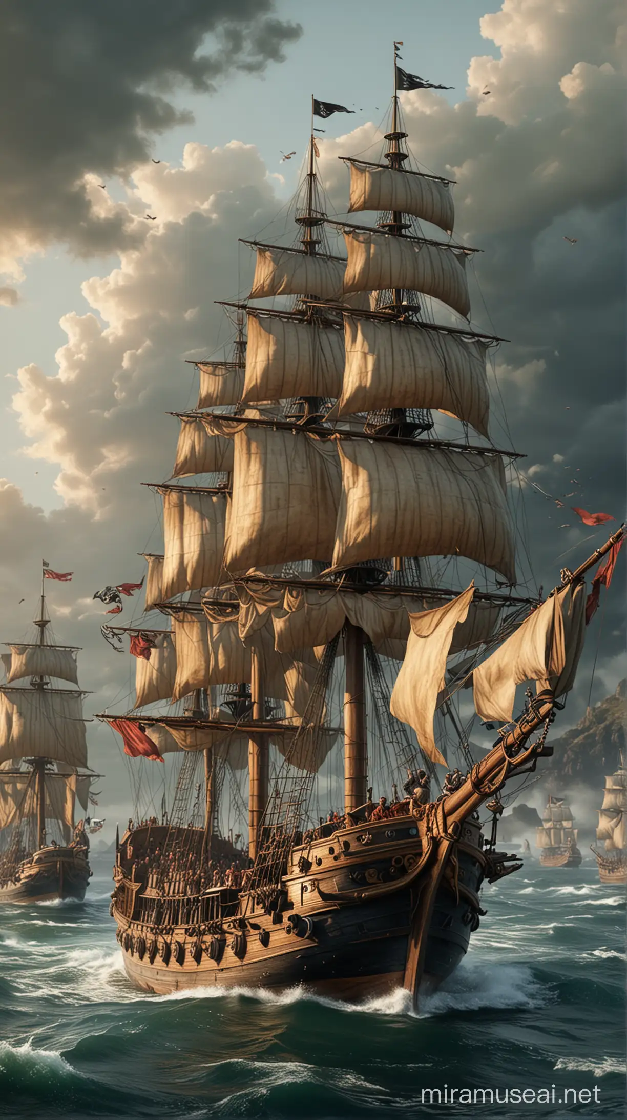 Images of Caesar's ransom being paid and his subsequent return with a fleet of ships to confront the pirates. hyper realistic