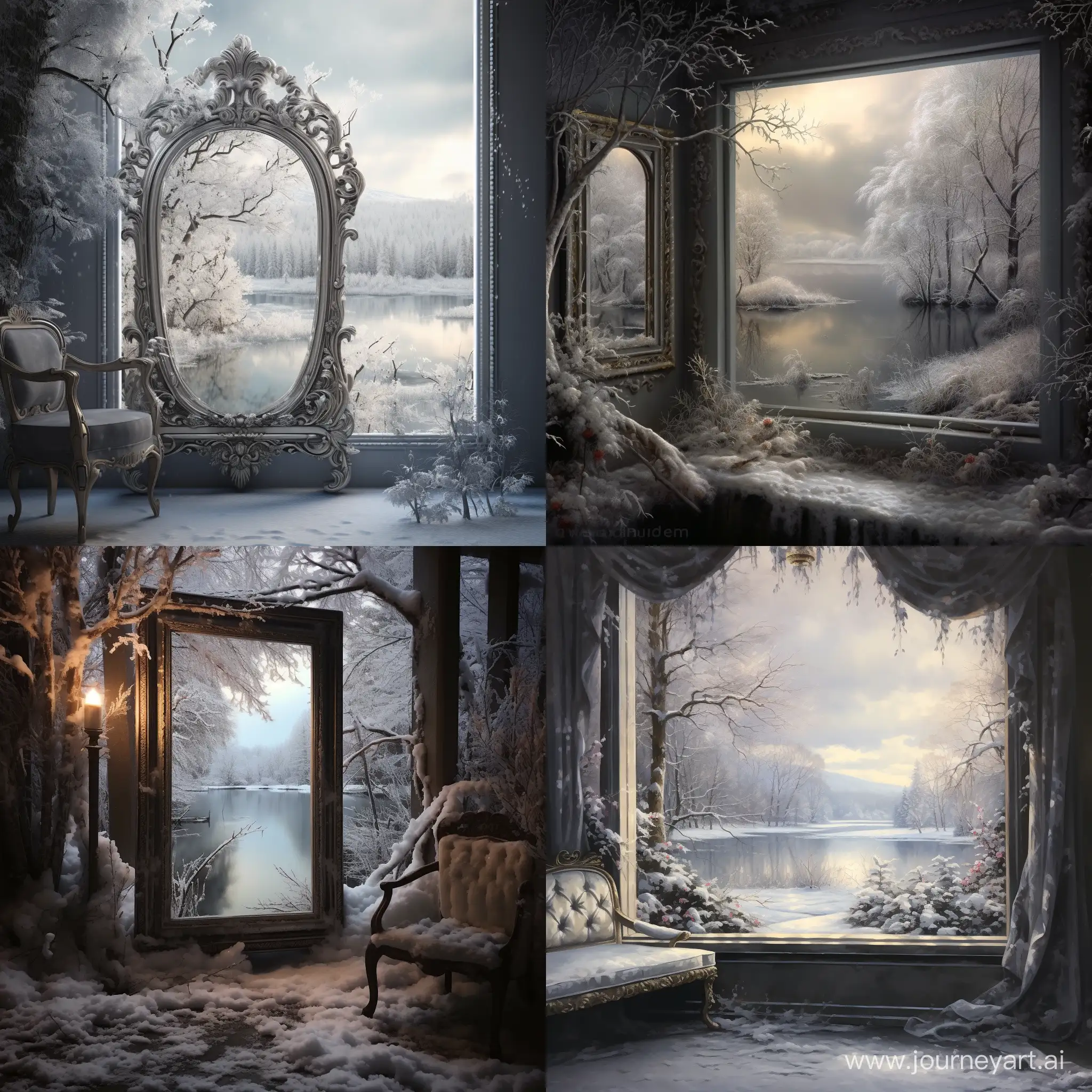 Describe the scene outside the window, with the lake covered in snow, creating a silver mirror reflecting the snowy landscape.