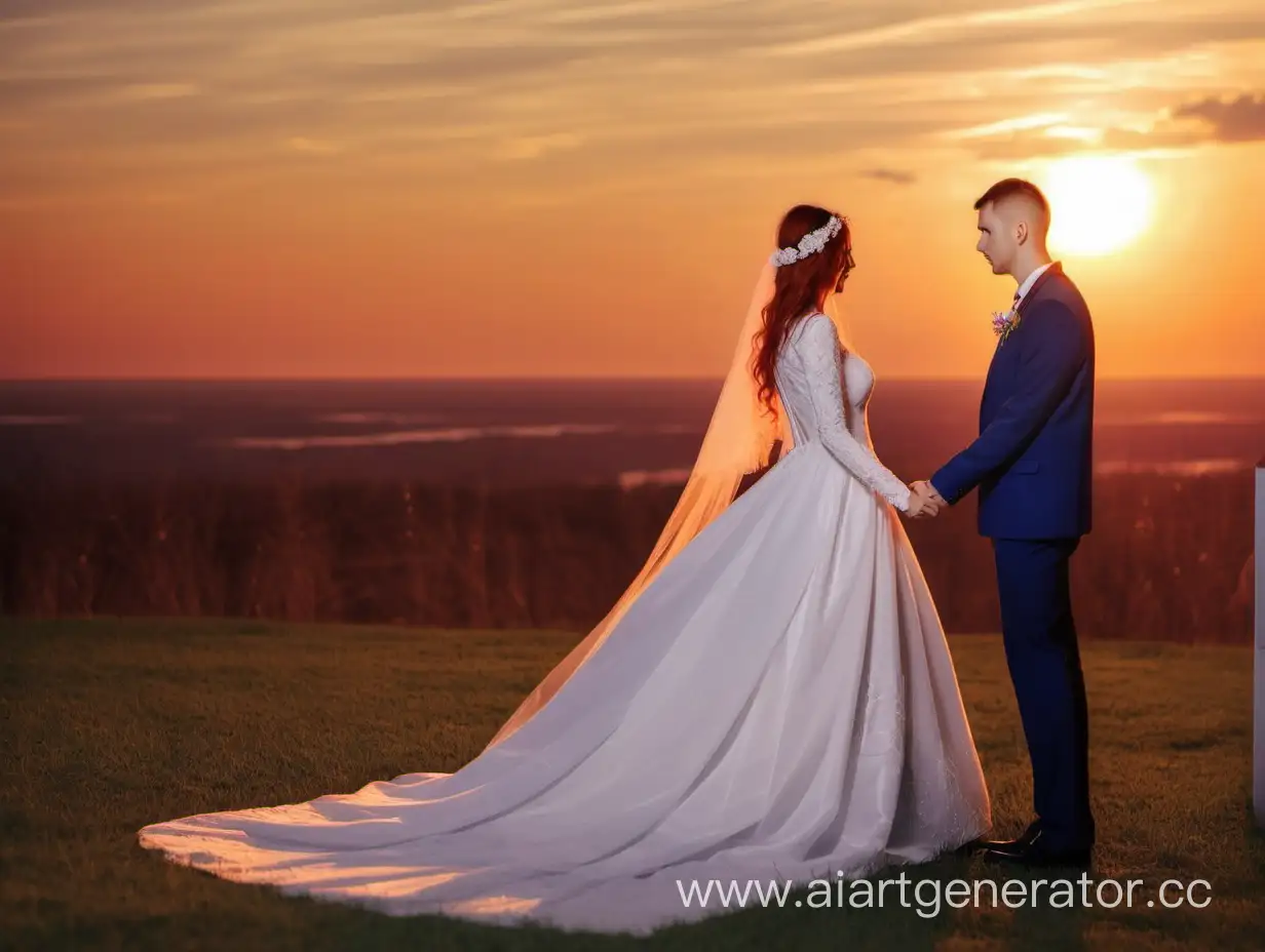 Жених и невеста в длинном свадебном платье стоят взявшись за руки на фоне красивого пейзажа на закате.