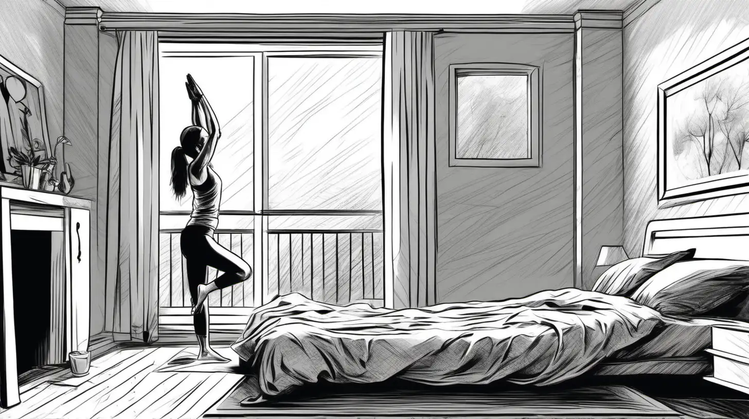A young woman doing yoga in her bedroom in a black and white sketch style