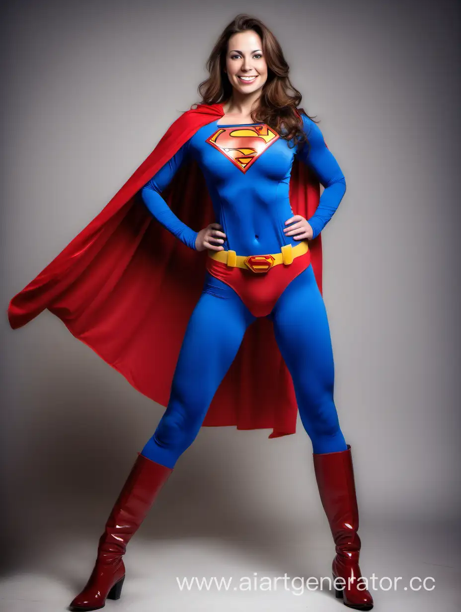 A pretty woman with brown hair, age 29. She is happy and confident. ((Very Muscular)). She is wearing a Superman costume with blue leggings, long sleeves, red briefs, red boots, and a long flowing cape. She is posed like a superhero, strong and powerful.
Bright photo studio.