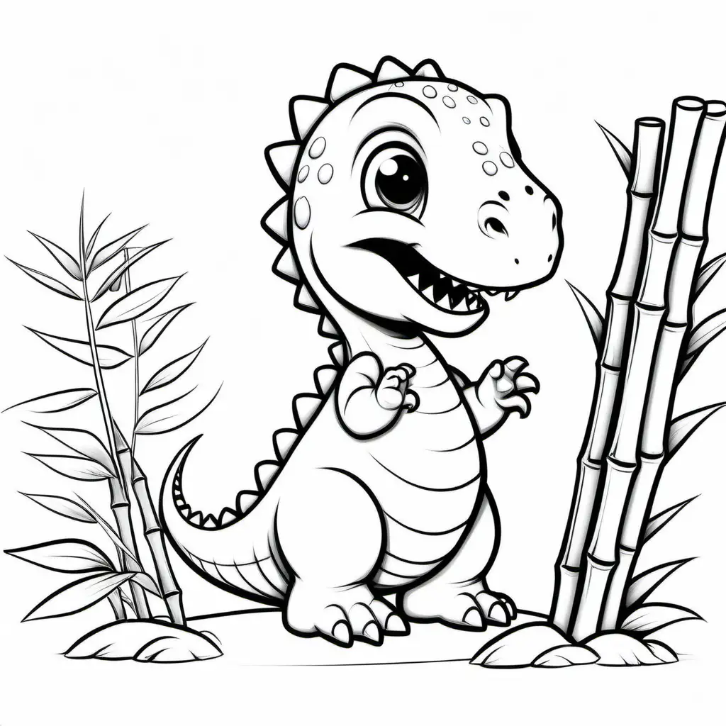 Baby dinosaur hold bamboo , Coloring Page, black and white, line art, white background, Simplicity, Ample White Space. The background of the coloring page is plain white to make it easy for young children to color within the lines. The outlines of all the subjects are easy to distinguish, making it simple for kids to color without too much difficulty