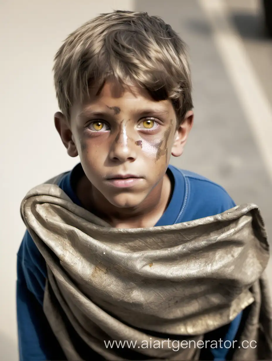 десяти летний мальчик с золотыми глазами в лохмотьях