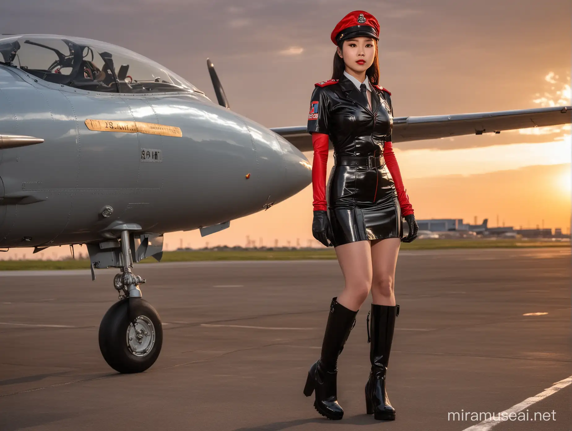 East Asian woman, short-sleeve tight latex uniform, military pilot, shiny skirt, red gloves, black overknee platform boots, pilot hat, sunset lighting, runway