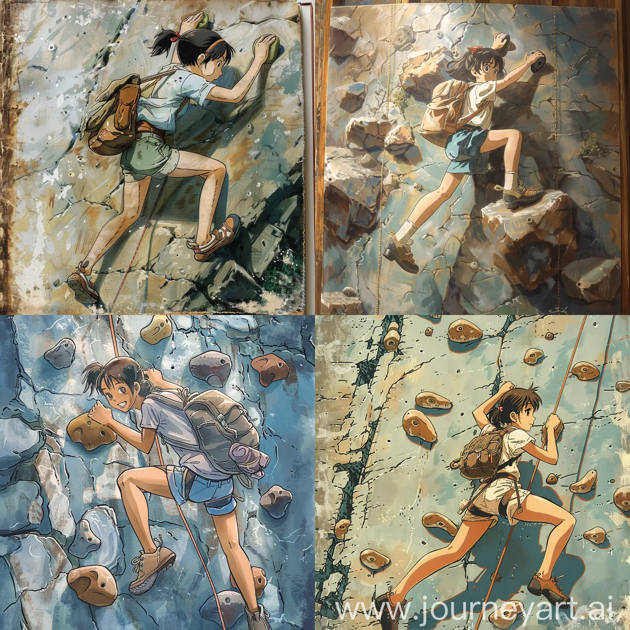 young girl climbing a rock wall of book in the style of miyazaki
