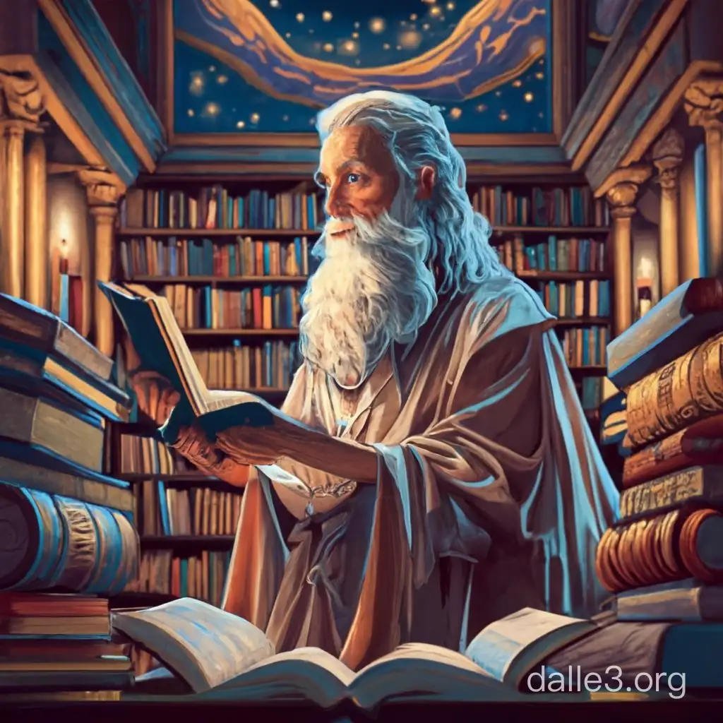 An ancient Greek-inspired mystic with a white beard, wearing flowing robes, surrounded by mystical books in a magical library