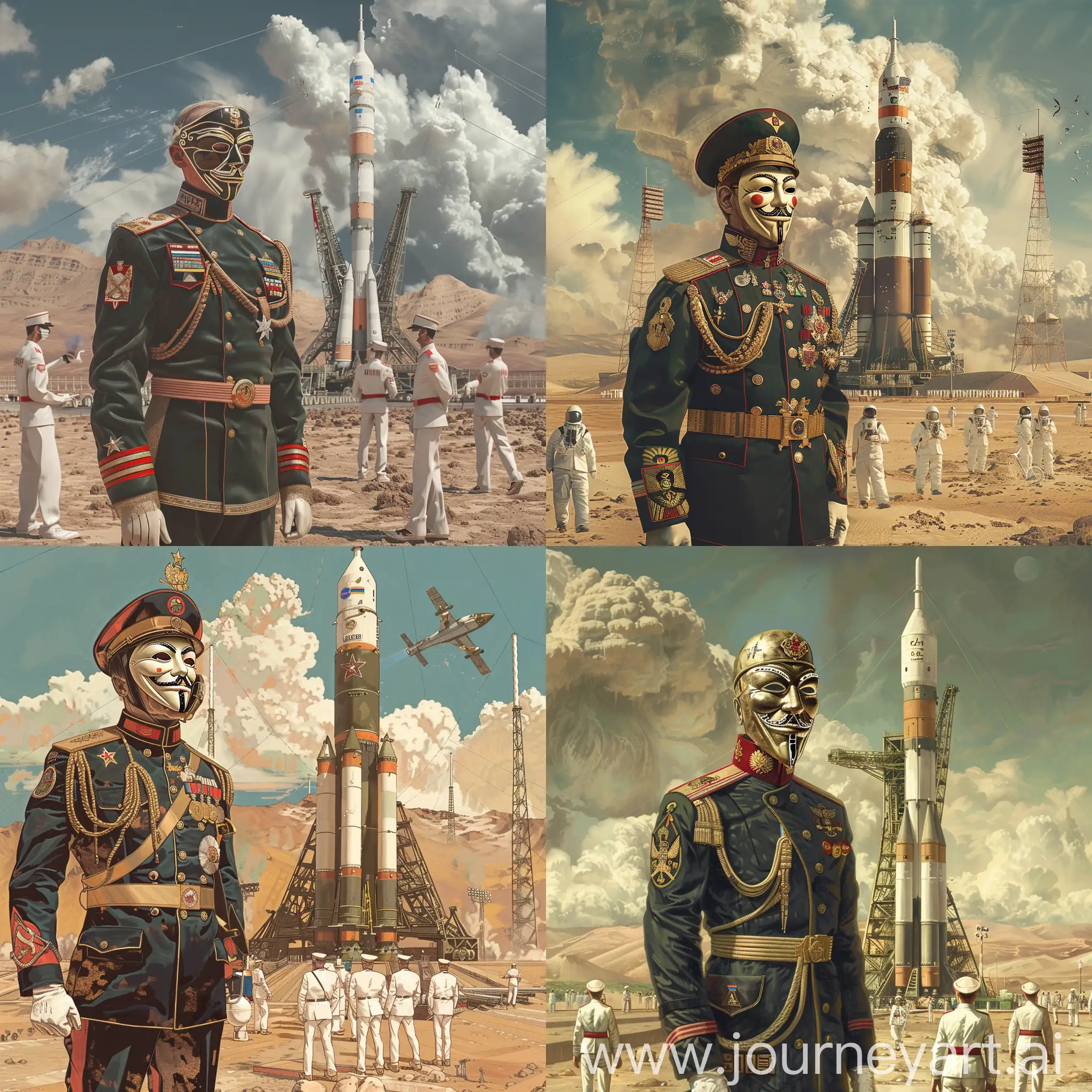 A Soviet general in full dress uniform and an Anonymous mask stands proudly against the backdrop of a soaring Soviet space rocket. There is a desert in the background, and employees of the cosmodrome in white uniforms are bustling around.