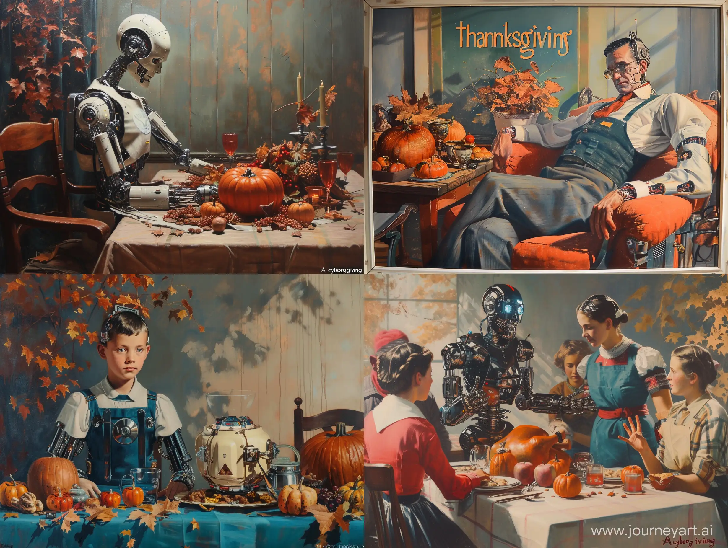 A painting in the style of Norman Rockwell called “A cyborg thanksgiving” —stylize 250