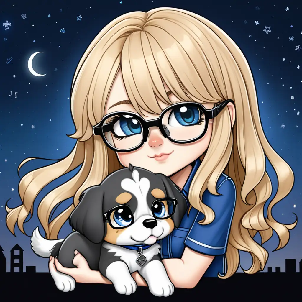 Highly detailed Chibi style image of Geeky Me and Bailey looking sleepy. Geeky Me has long wavy blonde hair with bangs, big blue eyes behind black glasses, she’s in cozy blue night attire. 
She’s saying goodbye to her 
A short hair 
Mini black tan and white paws, black eyes, black nose Australian Sheppard 

Happy 
With tongue sticking out 
Blue collar with silver tag