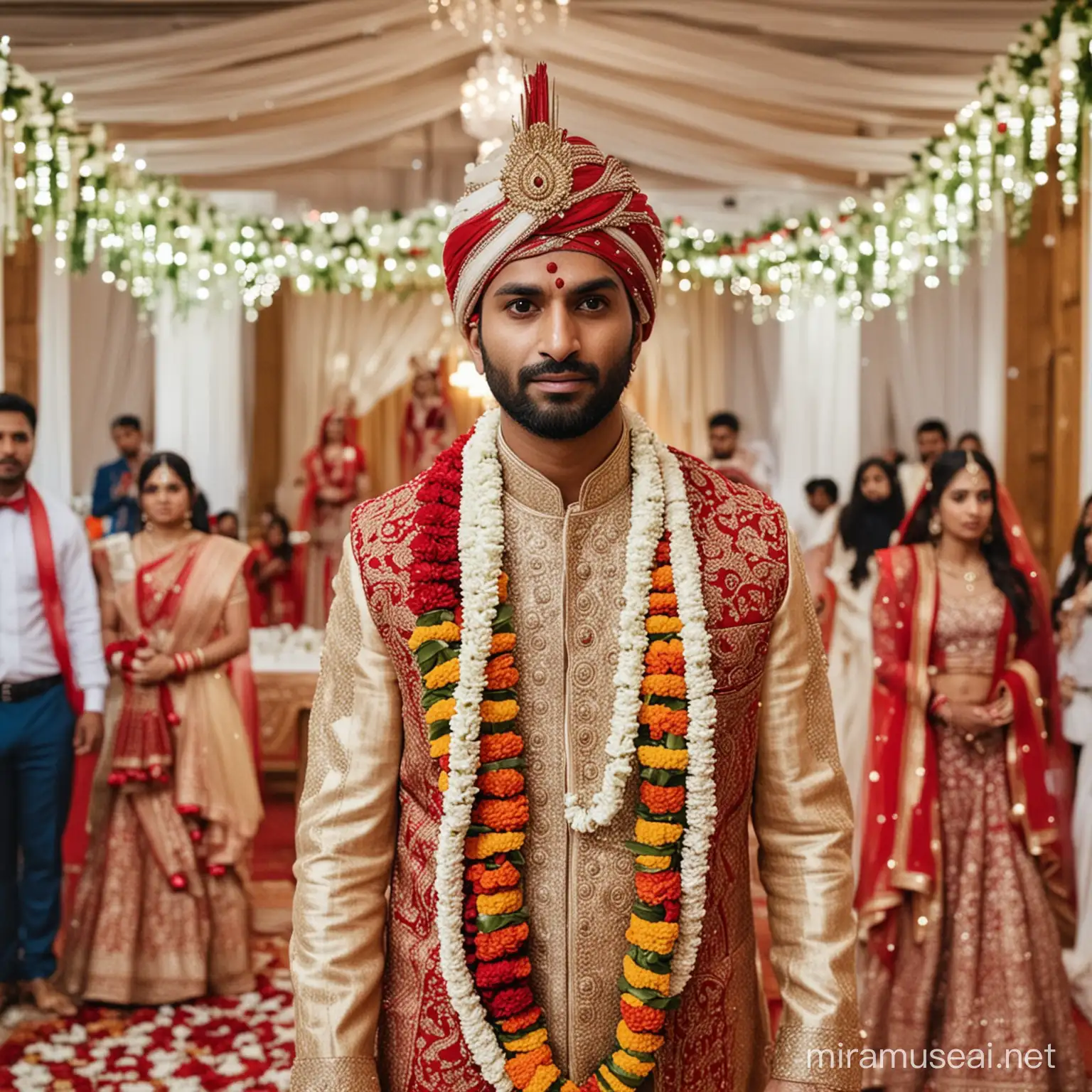 Indian Groom with Angry Expression in Wedding Hall Wearing Garland