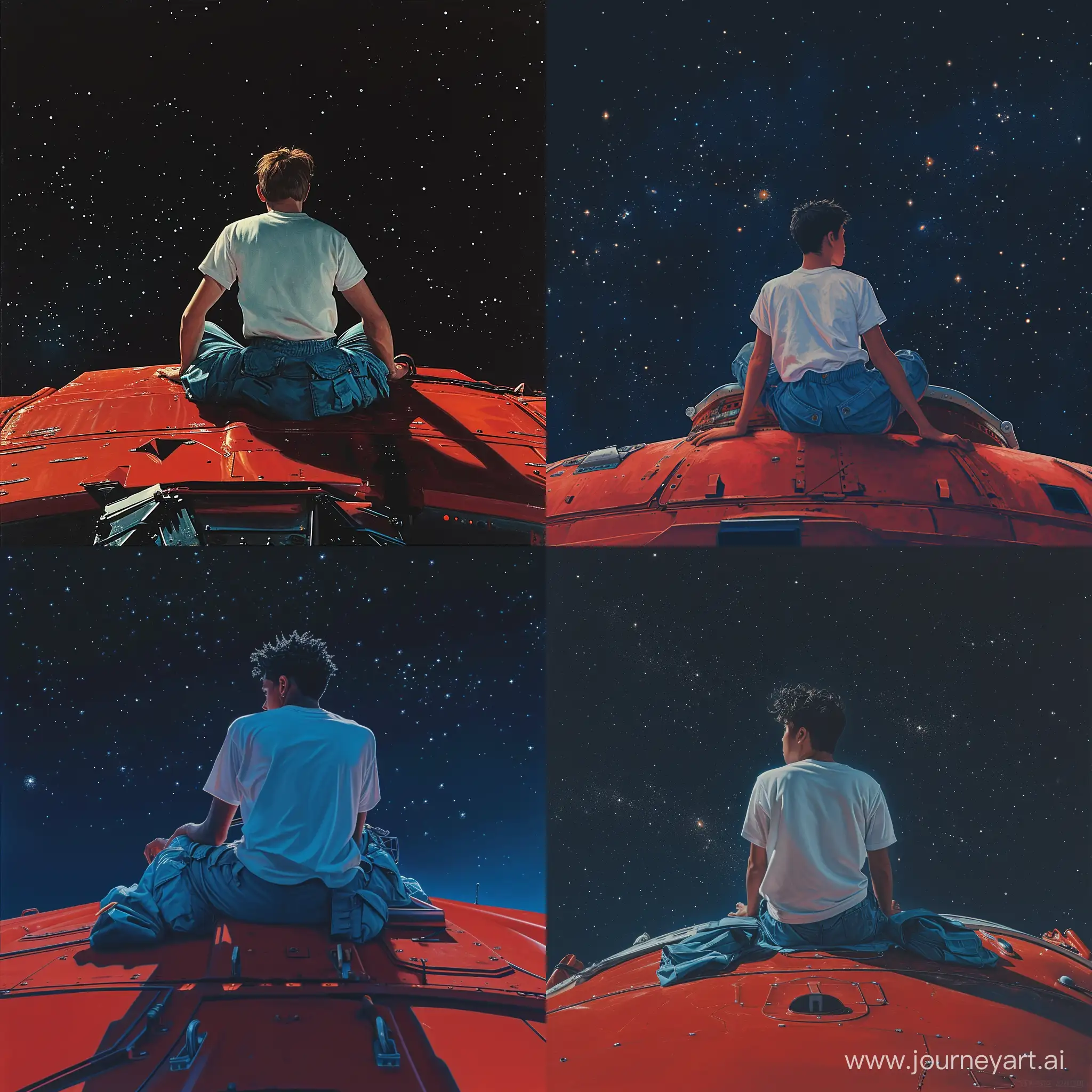 Contemplative-Astronaut-on-Futuristic-Red-Ship-Under-Starry-Night-Sky