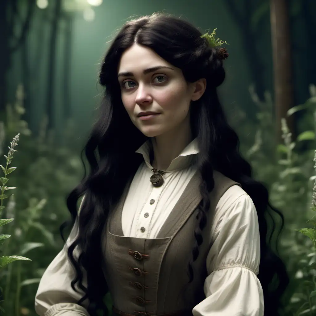 dark long haired woman who works as a healer and herbologist,  victorian era, pixar style