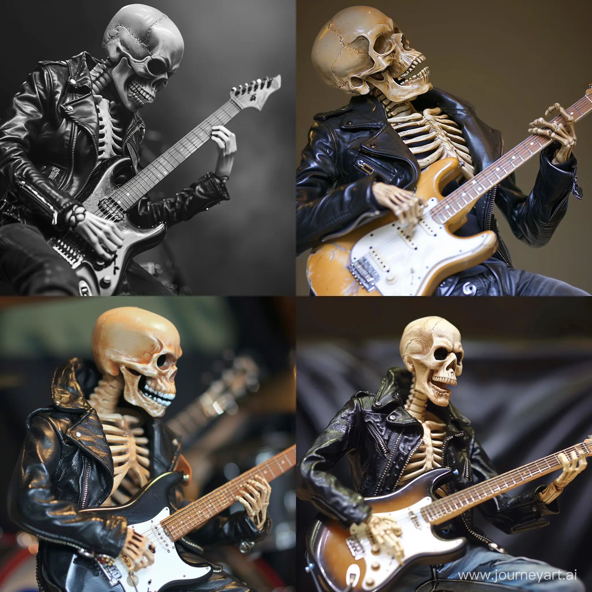 Skeleton, dressed in leather jacket, play on electro guitar, rock fest
