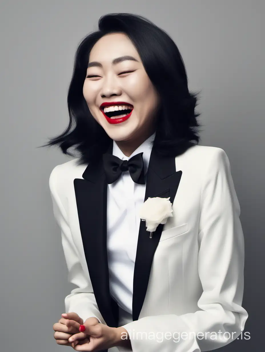 a giggling asian woman with shoulder length hair and lipstick wearing a tuxedo
