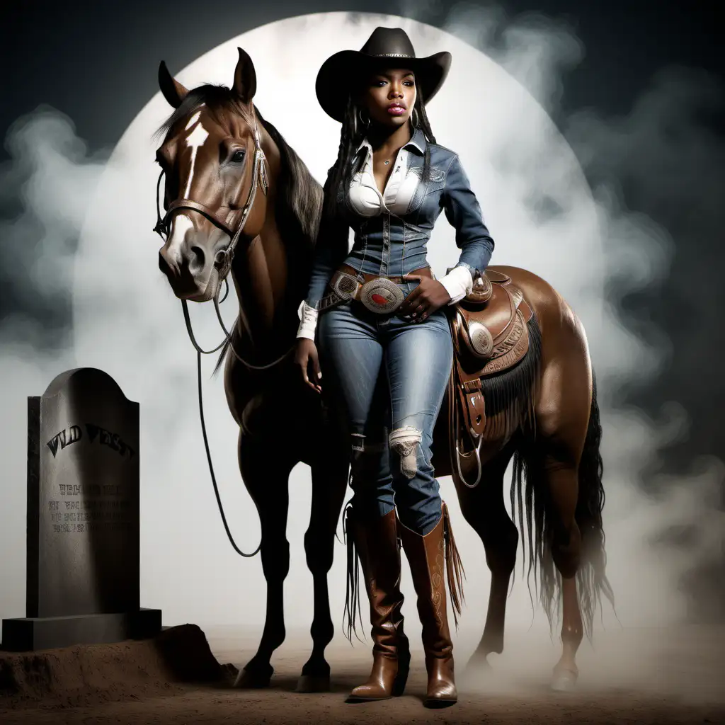 full body shot african american Wild West  cowgirl staying beside horse semi realistic tombstone style