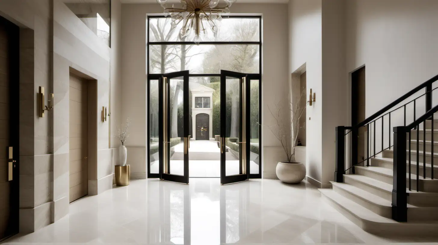 grand Minimalist entrance; double height ceilings; glass french front doors; staircase; beige, oak, brass colour palette; limestone

