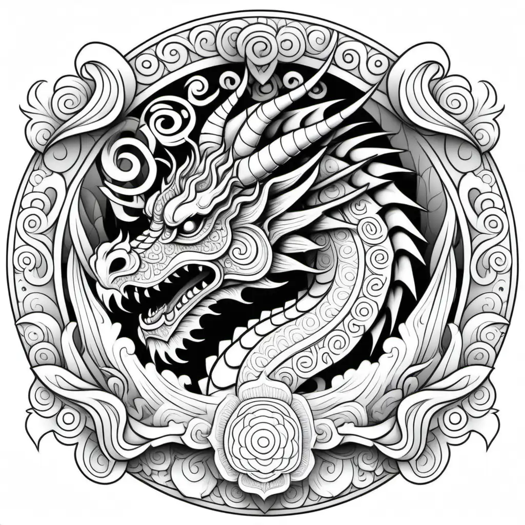 line work, coloring book, Dragon, mandala, black and white, thick lines, vector file, black and white, for coloring page, white water, white beakground for coloring purpose, more detail