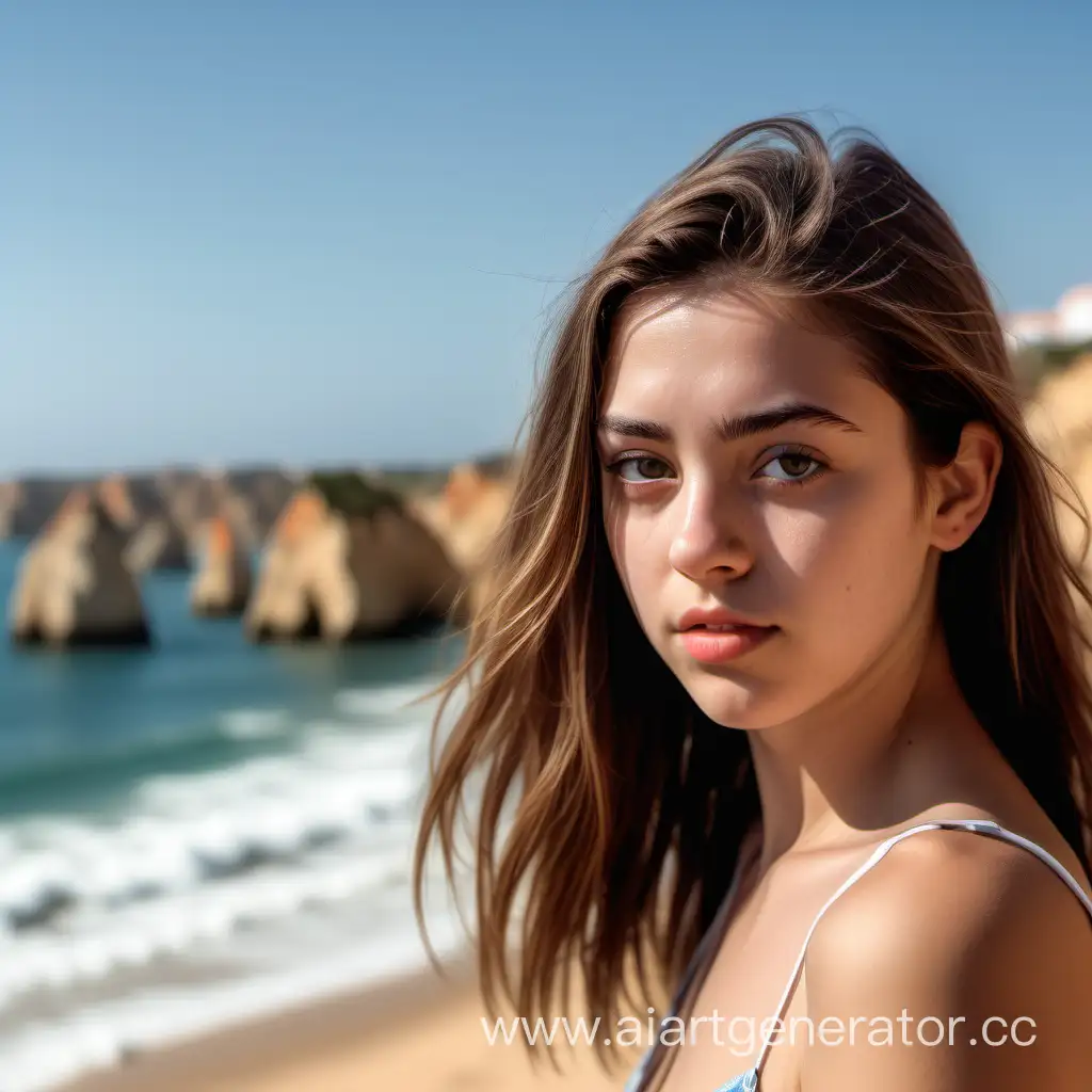 гипер реалистичное фото молодой 25 лет девушки на фоне пляжа и моря в Португалии в Алгарве