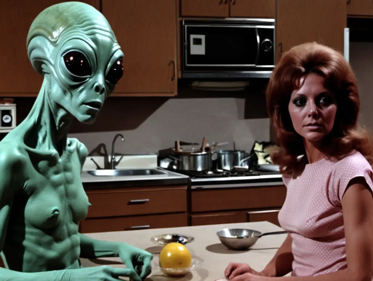 1970s SciFi Kitchen Scene with Alien Visitor | MUSE AI