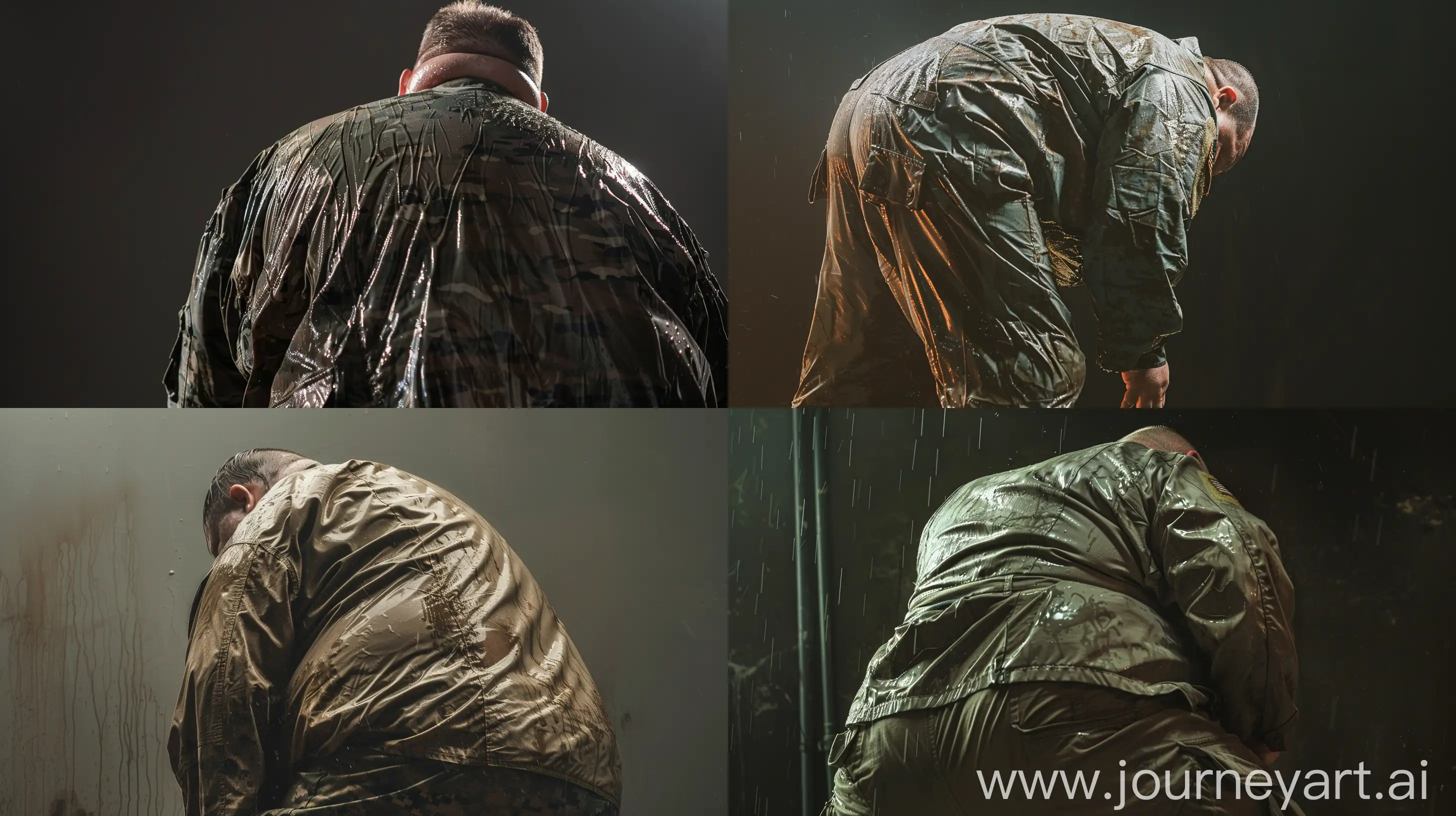 Back view photo of a fat man aged 60 wearing a soaked wet us army combat national guard uniform. Bending over. Natural light --style raw --ar 16:9