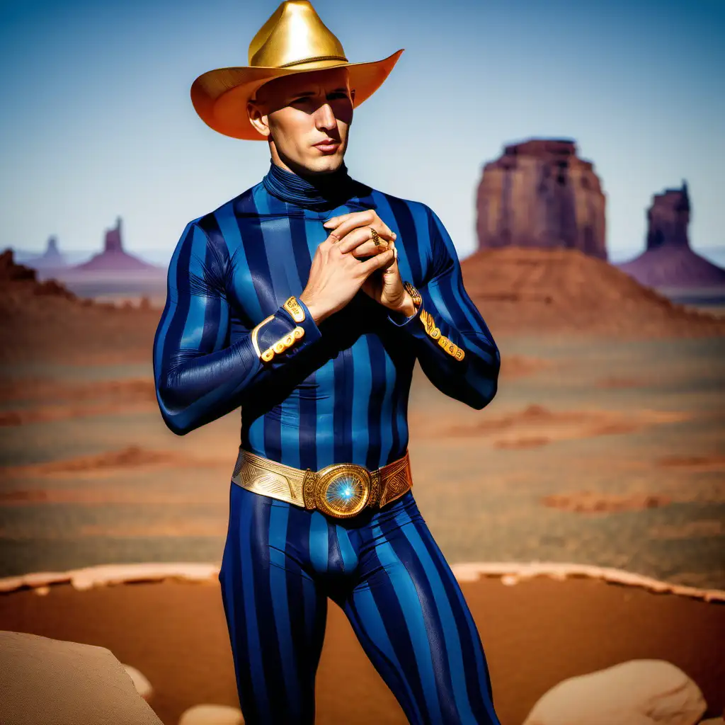 bald fit young man, navy blue pacific blue skintight striped costume, navy blue pacific cowboy hat, glowing gold magic ring,  Arizona monument valley, day