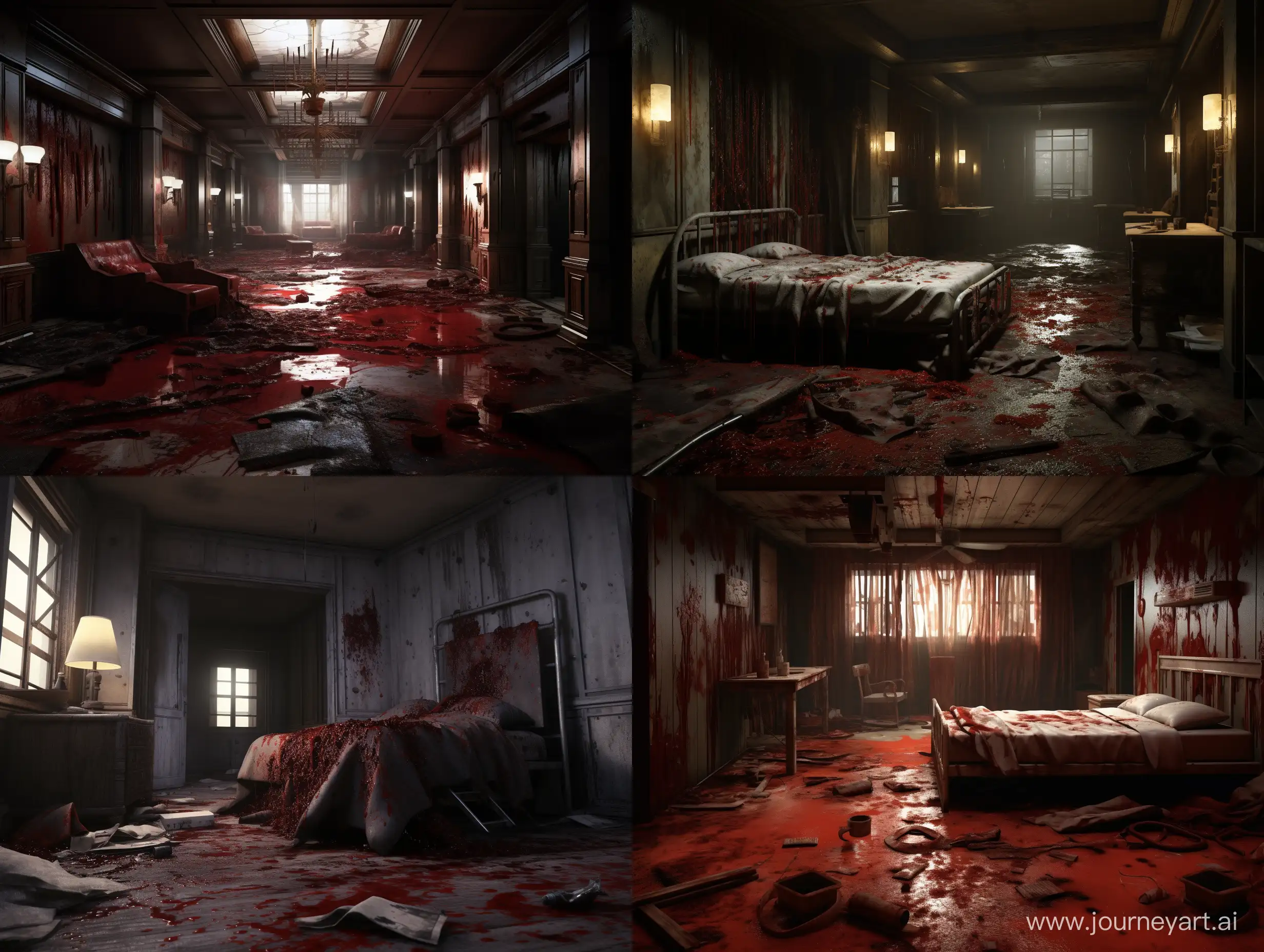 Жуткий заброшенный отель с дырами от пуль в стенах и кровью на полу. Реализм