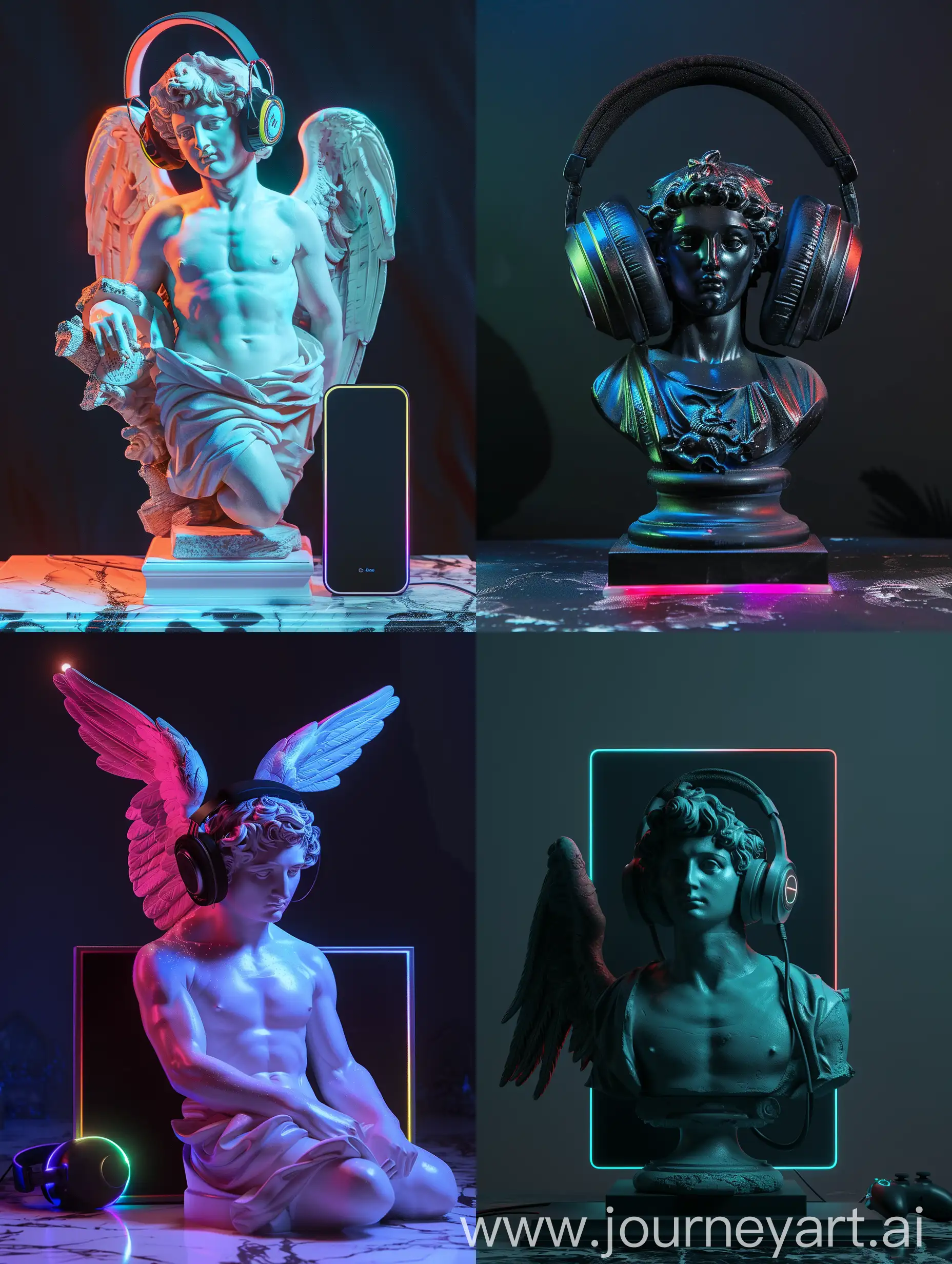 Michael Angelo statue with a blank and black bg and rgb color light whith a gaming headset.