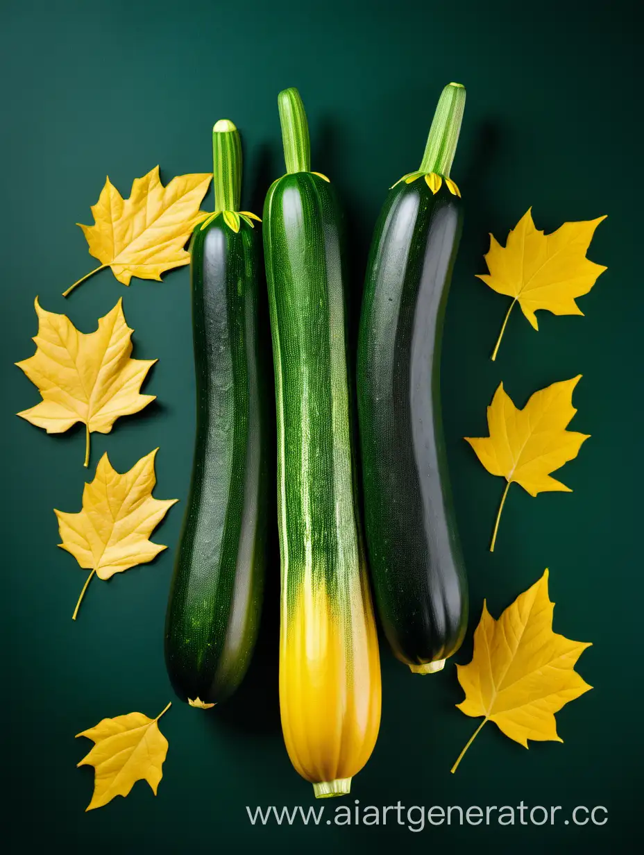 Zucchini with yellow leaves on dark green background