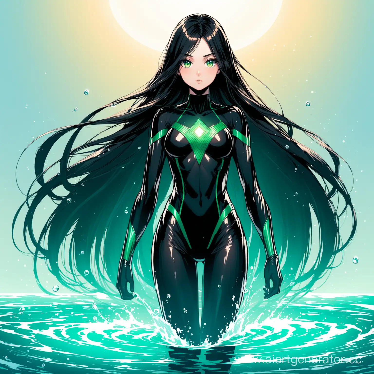 DarkHaired-Superheroine-in-Slender-Black-Costume-Harnessing-Water-Element