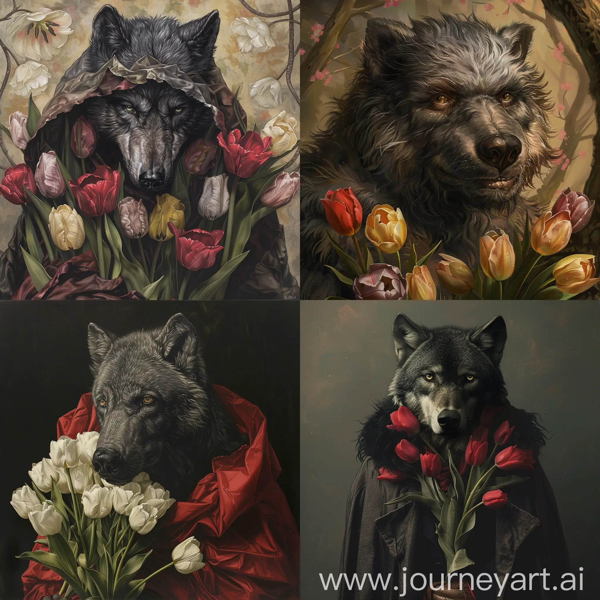 Wolfman-Presenting-a-Bouquet-of-Tulips-as-a-Gift-for-a-Woman