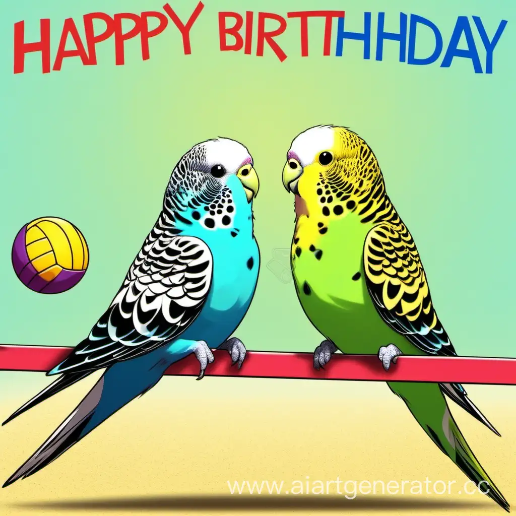 budgies playing volleyball, happy birthday greetings