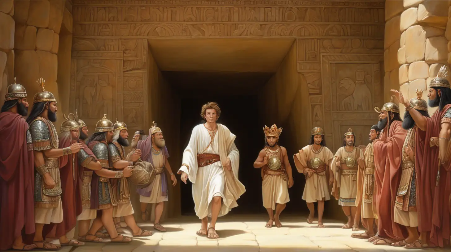 show Daniel walking peacefully from the den unscathed, with a mixture of astonishment and relief on the faces of the king and officials. The background should include elements of the den's interior and exterior, with light symbolizing newfound hope and victory.