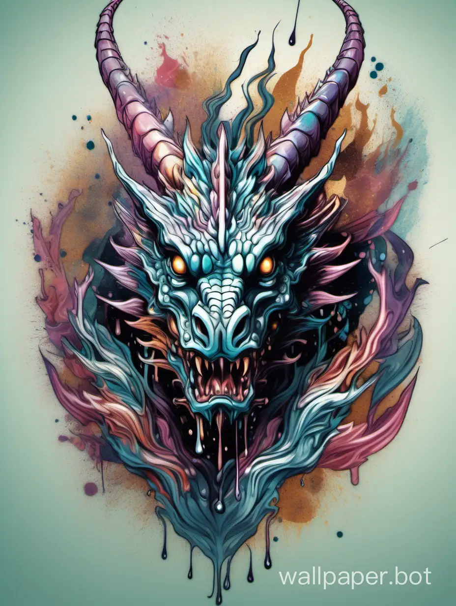 ethereal Bohemian front head of dragon, multi dripping ink, explosive painting, ornate, detailed illustration, octane render, sticker style
